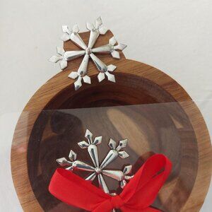 Acacia Wooden Dipping Bowl w Spreader Christmas Winter Set *NEW Open Box